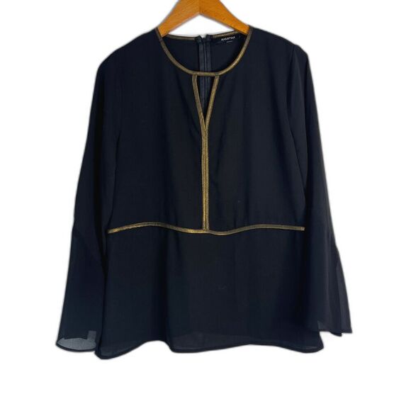 August Silk NWT Black Gold Trim Keyhole Bell Sleeve Silky Blouse Size Small - Picture 1 of 10